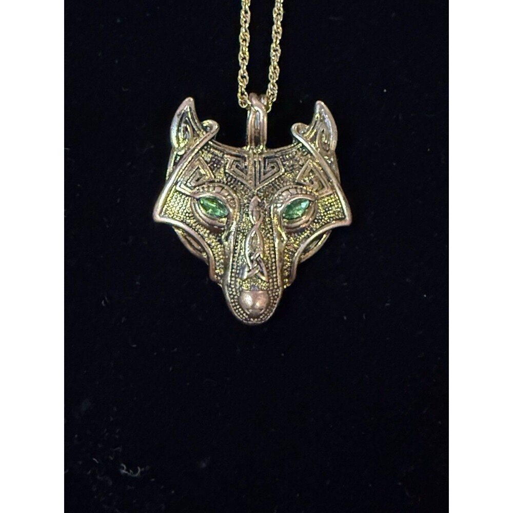 Wolf Head Pendant Bronze Tone Necklace Green Glass Eye Celtic Statement 16”